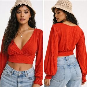 Mikey & Joey Red Cropped Ruched Long Sleeve Top Size L NWT Boho Y2K